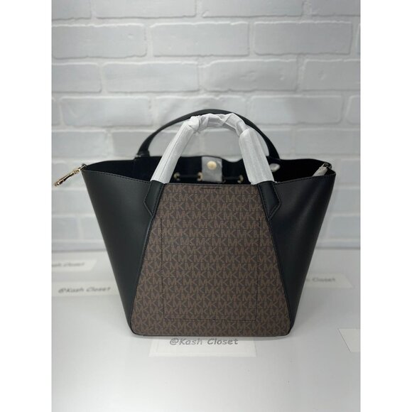 Michael Kors bucket phoebe tote bag large two tone MK signature Brown Black - Picture 5 of 10